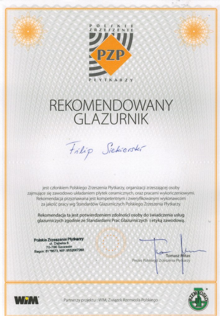 Rekomendowany Glazurnik przez Polskie Zrzeszenie Płytkarzy | Glazurmistrz.pl
